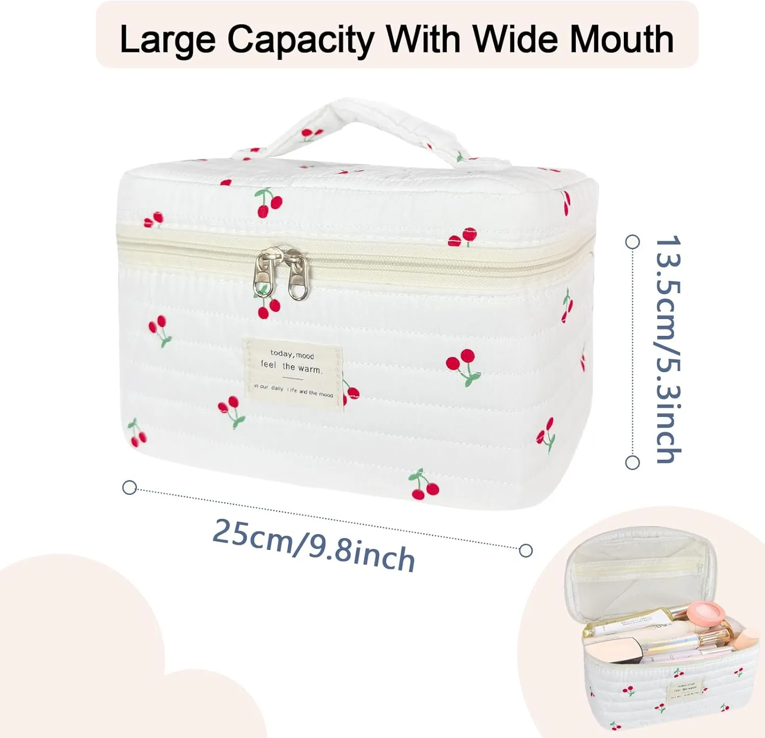 Large Travel Quilted Makeup Bag for Women, Floral Cotton Cosmetic Bag Cute Coquette Aesthetic Floral Toiletry Organizer Bag for Girls Cherry Flower Cosmetic Zipper Storage Bag