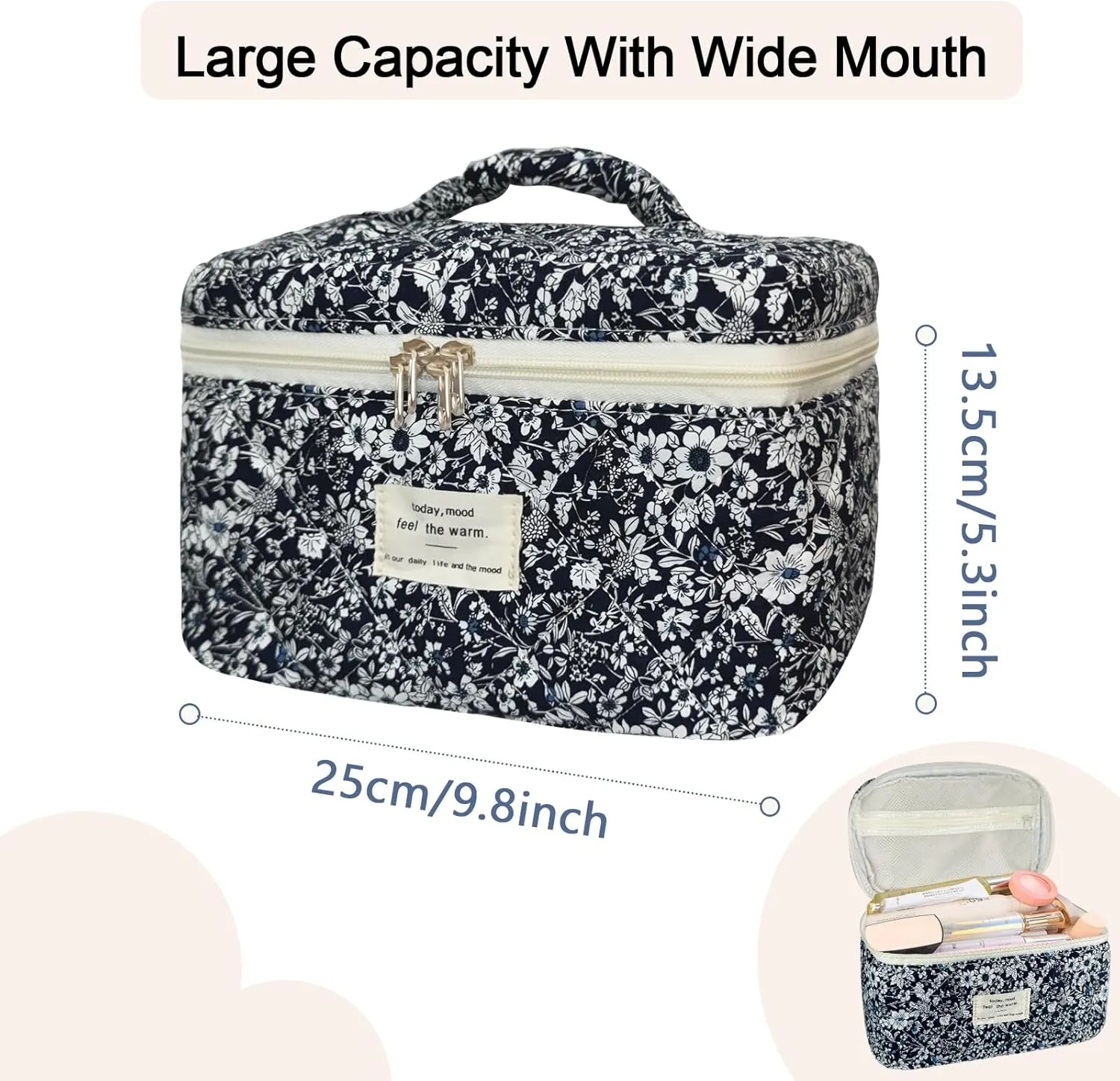 Large Travel Quilted Makeup Bag for Women, Floral Cotton Cosmetic Bag Cute Coquette Aesthetic Floral Toiletry Organizer Bag for Girls Little Black Rose Cosmetic Zipper Storage Bag