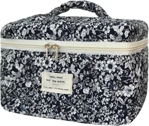 Large Travel Quilted Makeup Bag for Women, Floral Cotton Cosmetic Bag Cute Coquette Aesthetic Floral Toiletry Organizer Bag for Girls Little Black Rose Cosmetic Zipper Storage Bag