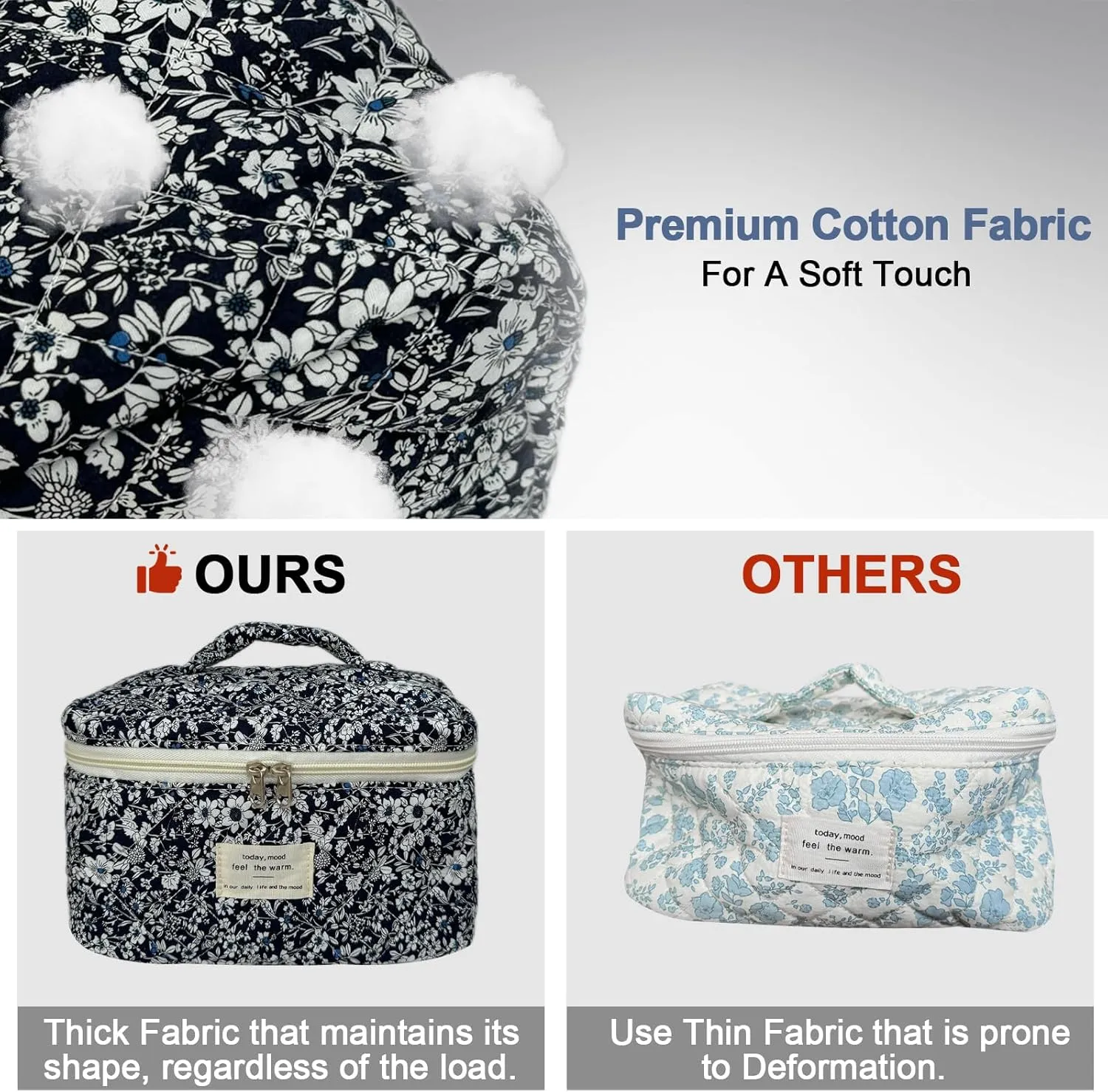 Large Travel Quilted Makeup Bag for Women, Floral Cotton Cosmetic Bag Cute Coquette Aesthetic Floral Toiletry Organizer Bag for Girls Little Black Rose Cosmetic Zipper Storage Bag