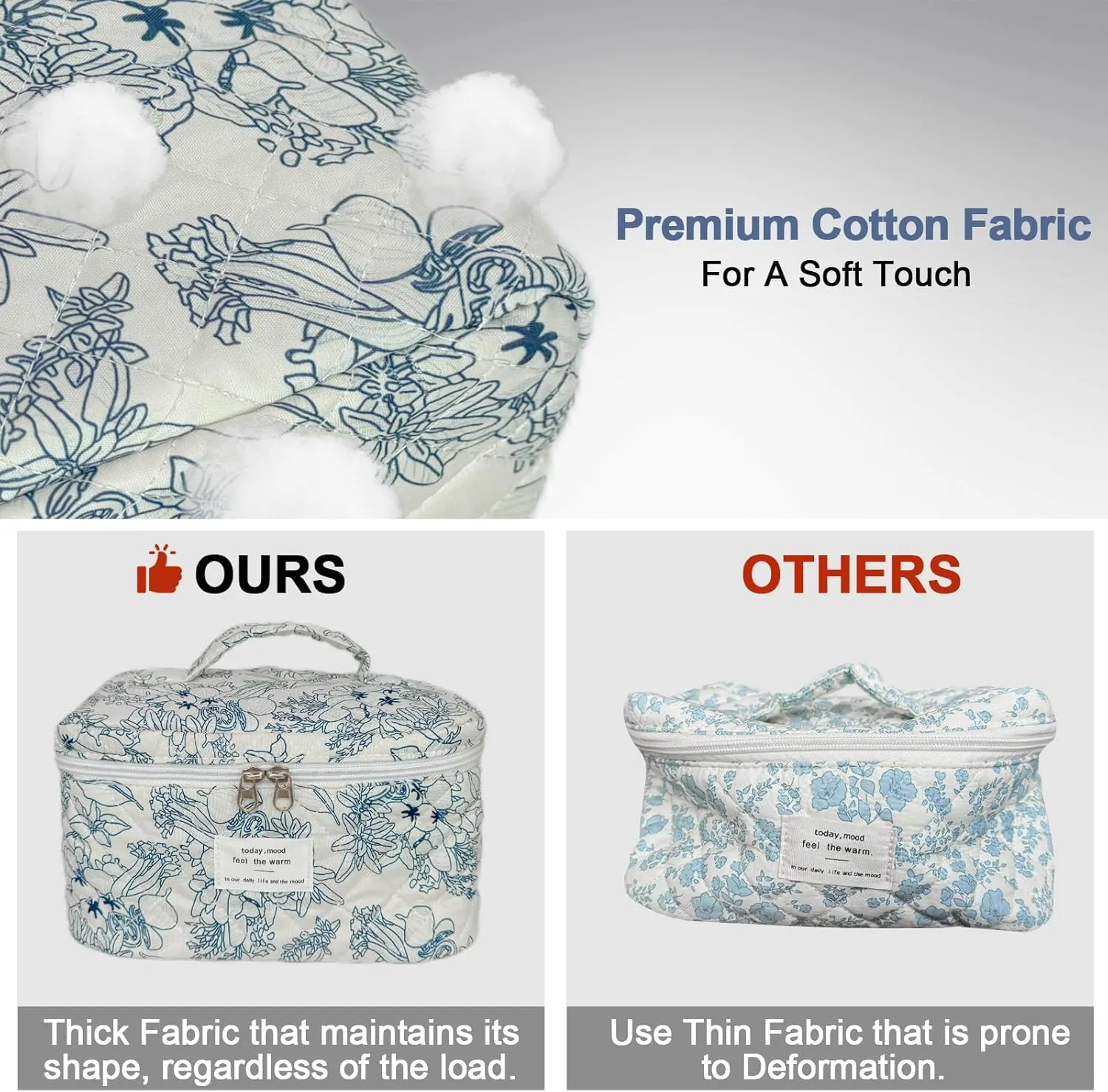 Large Travel Quilted Makeup Bag for Women, Floral Cotton Cosmetic Bag Cute Coquette Aesthetic Floral Toiletry Organizer Bag for Girls Little Blue Flower Cosmetic Zipper Storage Bag