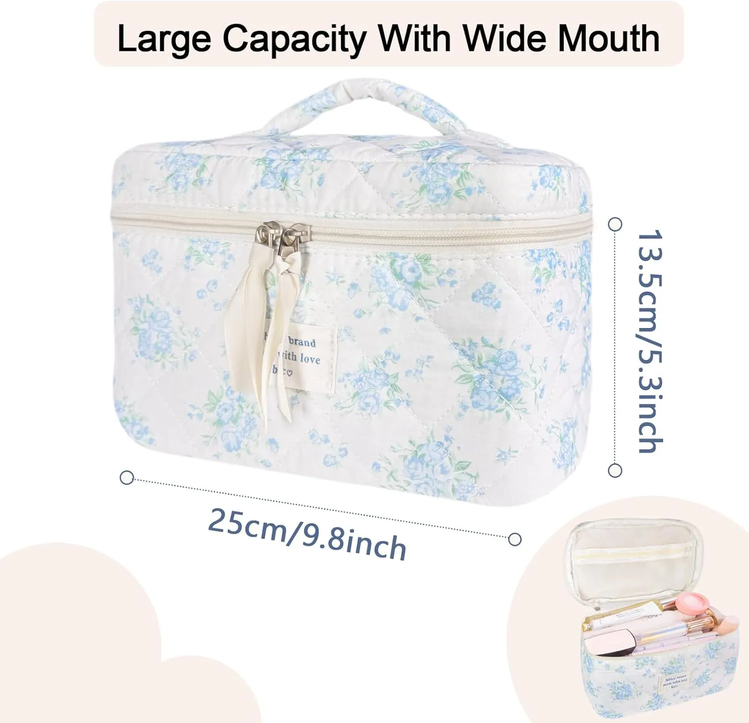 Large Travel Quilted Makeup Bag for Women, Floral Cotton Cosmetic Bag Cute Coquette Aesthetic Floral Toiletry Organizer Bag for Girls Little Blue Rose Cosmetic Zipper Storage Bag