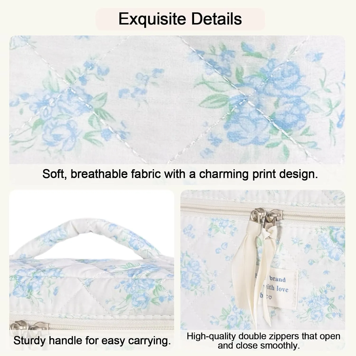 Large Travel Quilted Makeup Bag for Women, Floral Cotton Cosmetic Bag Cute Coquette Aesthetic Floral Toiletry Organizer Bag for Girls Little Blue Rose Cosmetic Zipper Storage Bag