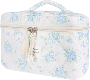 Large Travel Quilted Makeup Bag for Women, Floral Cotton Cosmetic Bag Cute Coquette Aesthetic Floral Toiletry Organizer Bag for Girls Little Blue Rose Cosmetic Zipper Storage Bag