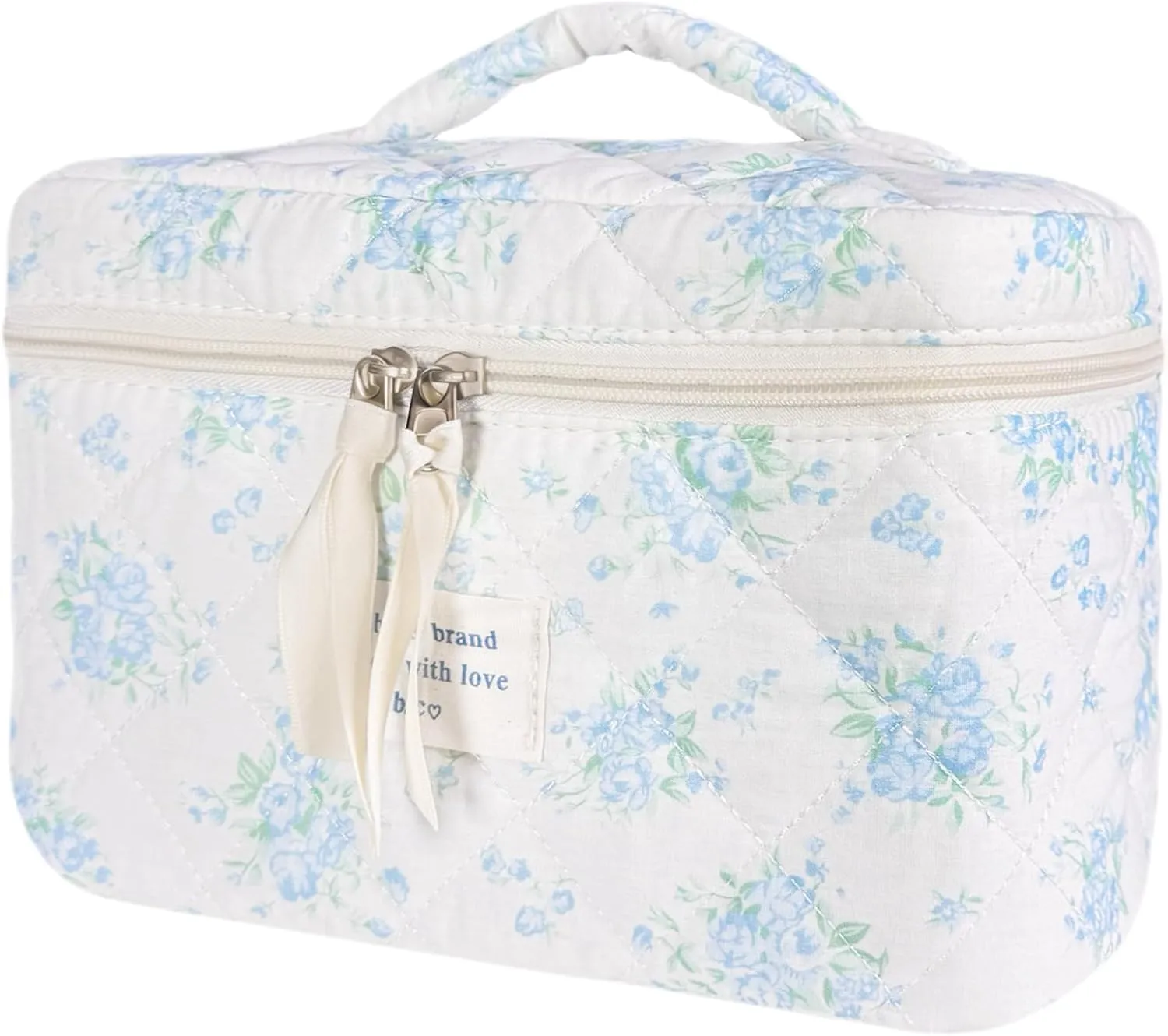 Large Travel Quilted Makeup Bag for Women, Floral Cotton Cosmetic Bag Cute Coquette Aesthetic Floral Toiletry Organizer Bag for Girls Little Blue Rose Cosmetic Zipper Storage Bag
