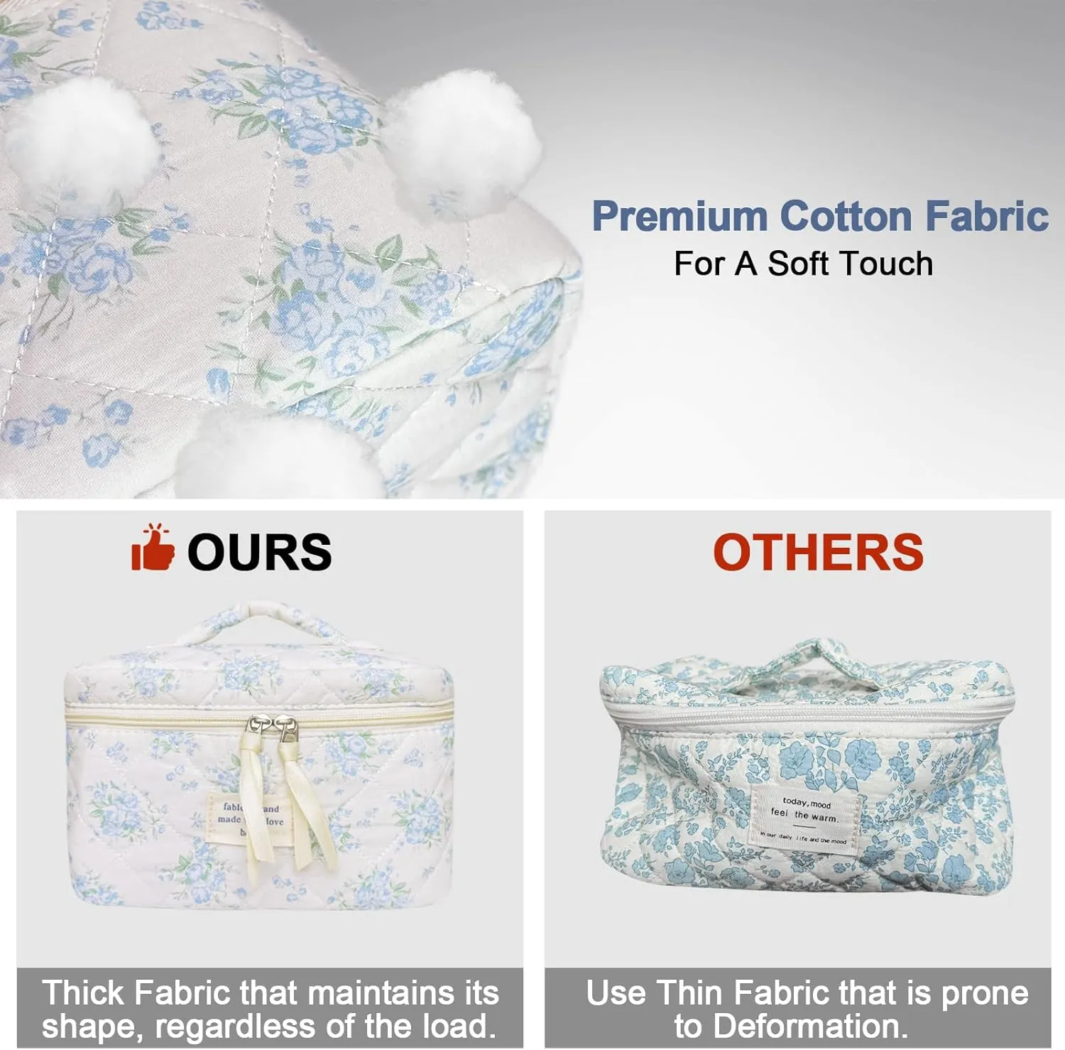Large Travel Quilted Makeup Bag for Women, Floral Cotton Cosmetic Bag Cute Coquette Aesthetic Floral Toiletry Organizer Bag for Girls Little Blue Rose Cosmetic Zipper Storage Bag