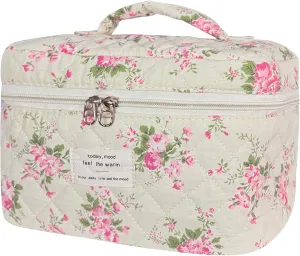 Large Travel Quilted Makeup Bag for Women, Floral Cotton Cosmetic Bag Cute Coquette Aesthetic Floral Toiletry Organizer Bag for Girls Little Pink Flower Cosmetic Zipper Storage Bag