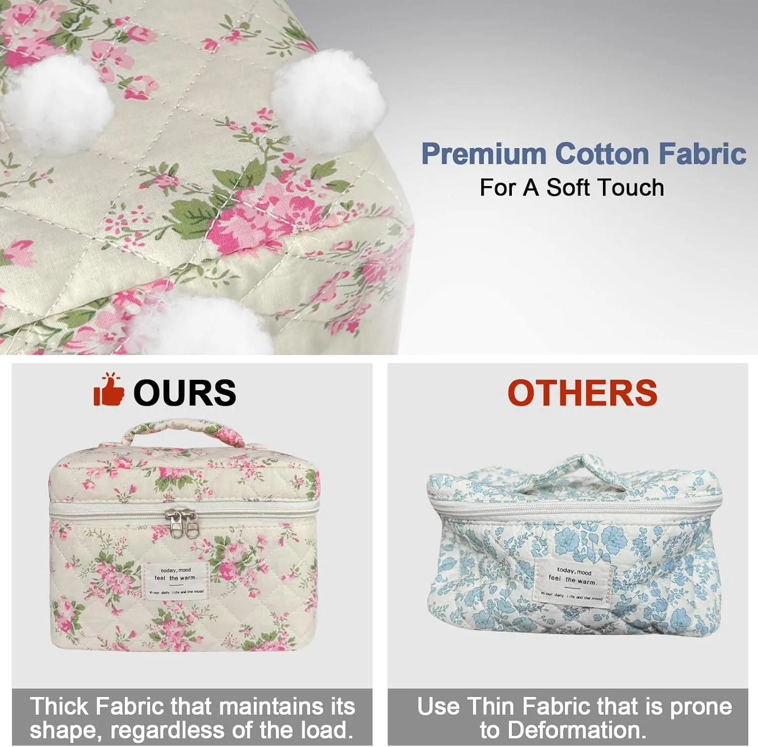 Large Travel Quilted Makeup Bag for Women, Floral Cotton Cosmetic Bag Cute Coquette Aesthetic Floral Toiletry Organizer Bag for Girls Little Pink Flower Cosmetic Zipper Storage Bag