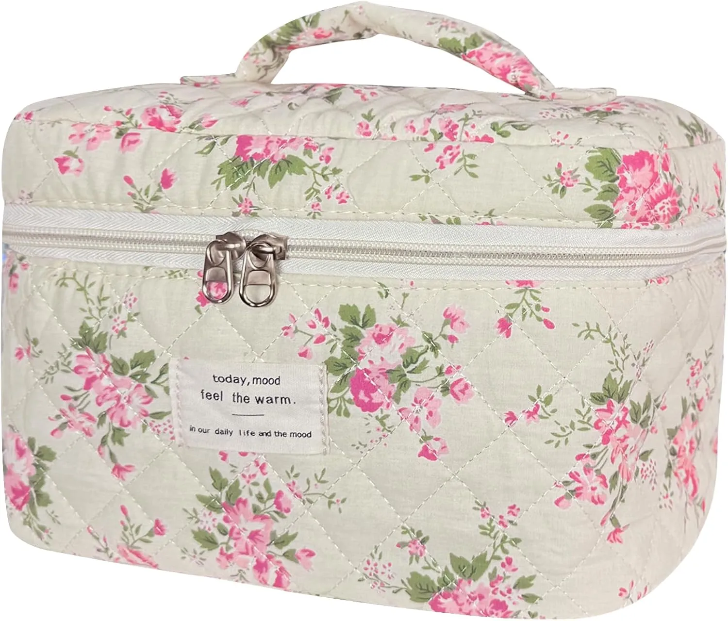 Large Travel Quilted Makeup Bag for Women, Floral Cotton Cosmetic Bag Cute Coquette Aesthetic Floral Toiletry Organizer Bag for Girls Little Pink Flower Cosmetic Zipper Storage Bag