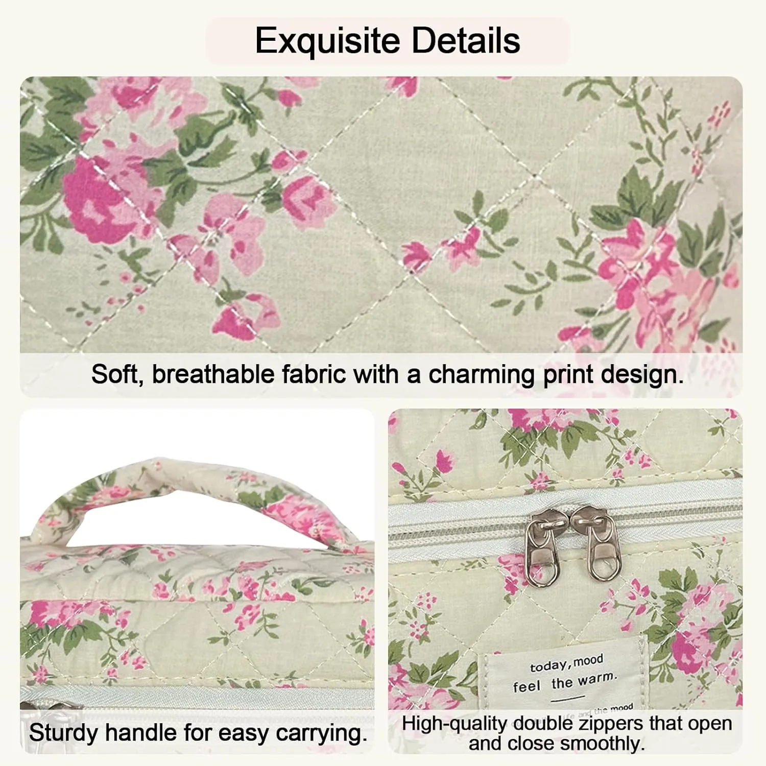 Large Travel Quilted Makeup Bag for Women, Floral Cotton Cosmetic Bag Cute Coquette Aesthetic Floral Toiletry Organizer Bag for Girls Little Pink Flower Cosmetic Zipper Storage Bag