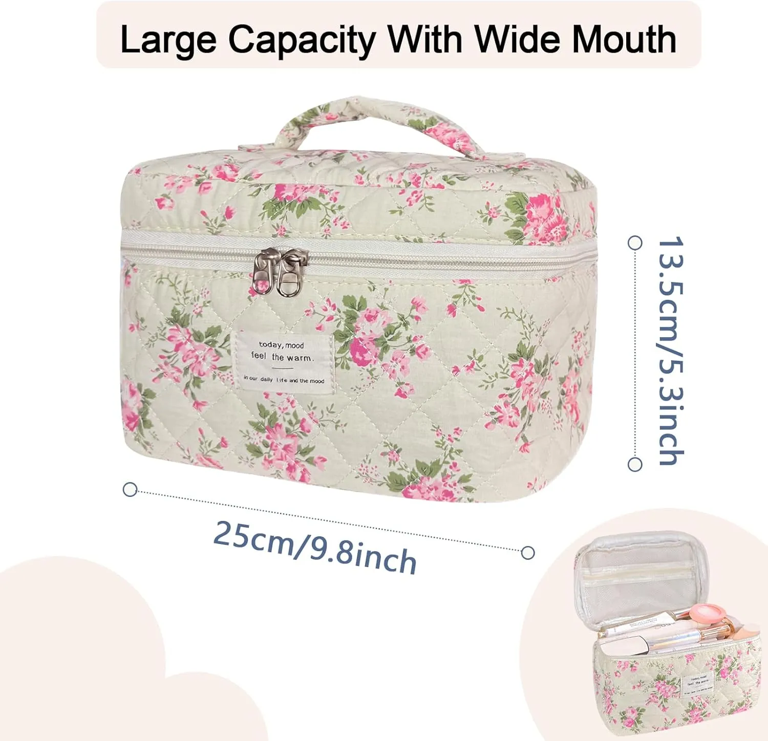 Large Travel Quilted Makeup Bag for Women, Floral Cotton Cosmetic Bag Cute Coquette Aesthetic Floral Toiletry Organizer Bag for Girls Little Pink Flower Cosmetic Zipper Storage Bag