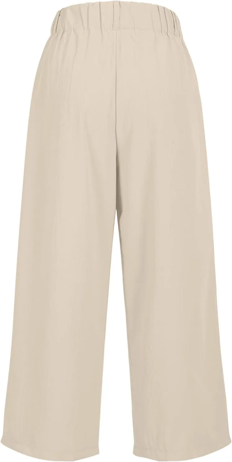 LEMONONSTORE Capri Pants for Women Pleated Wide Leg Ankle-Length Dressy Work Pants with Pockets High-Waist Loose Trousers