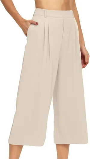 LEMONONSTORE Capri Pants for Women Pleated Wide Leg Ankle-Length Dressy Work Pants with Pockets High-Waist Loose Trousers