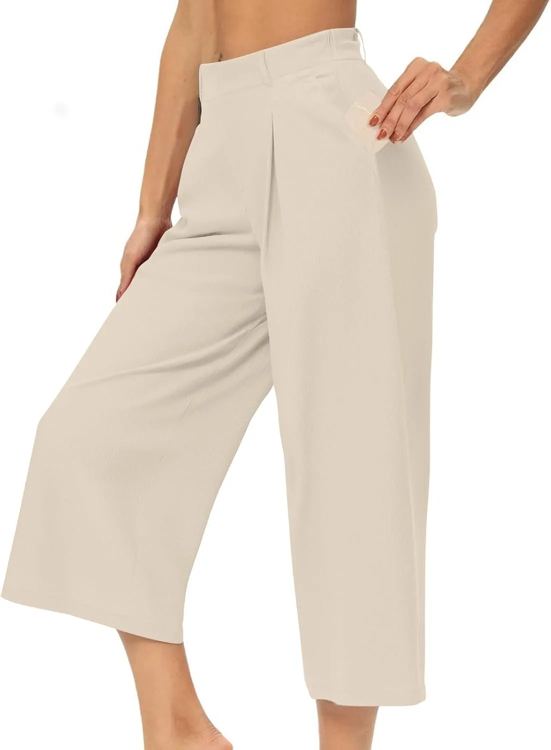LEMONONSTORE Capri Pants for Women Pleated Wide Leg Ankle-Length Dressy Work Pants with Pockets High-Waist Loose Trousers