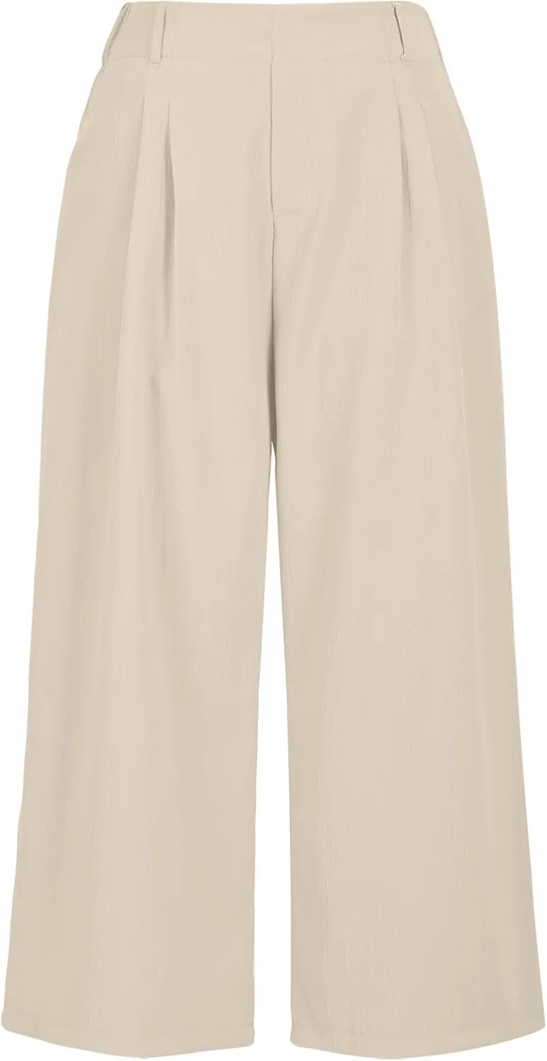 LEMONONSTORE Capri Pants for Women Pleated Wide Leg Ankle-Length Dressy Work Pants with Pockets High-Waist Loose Trousers