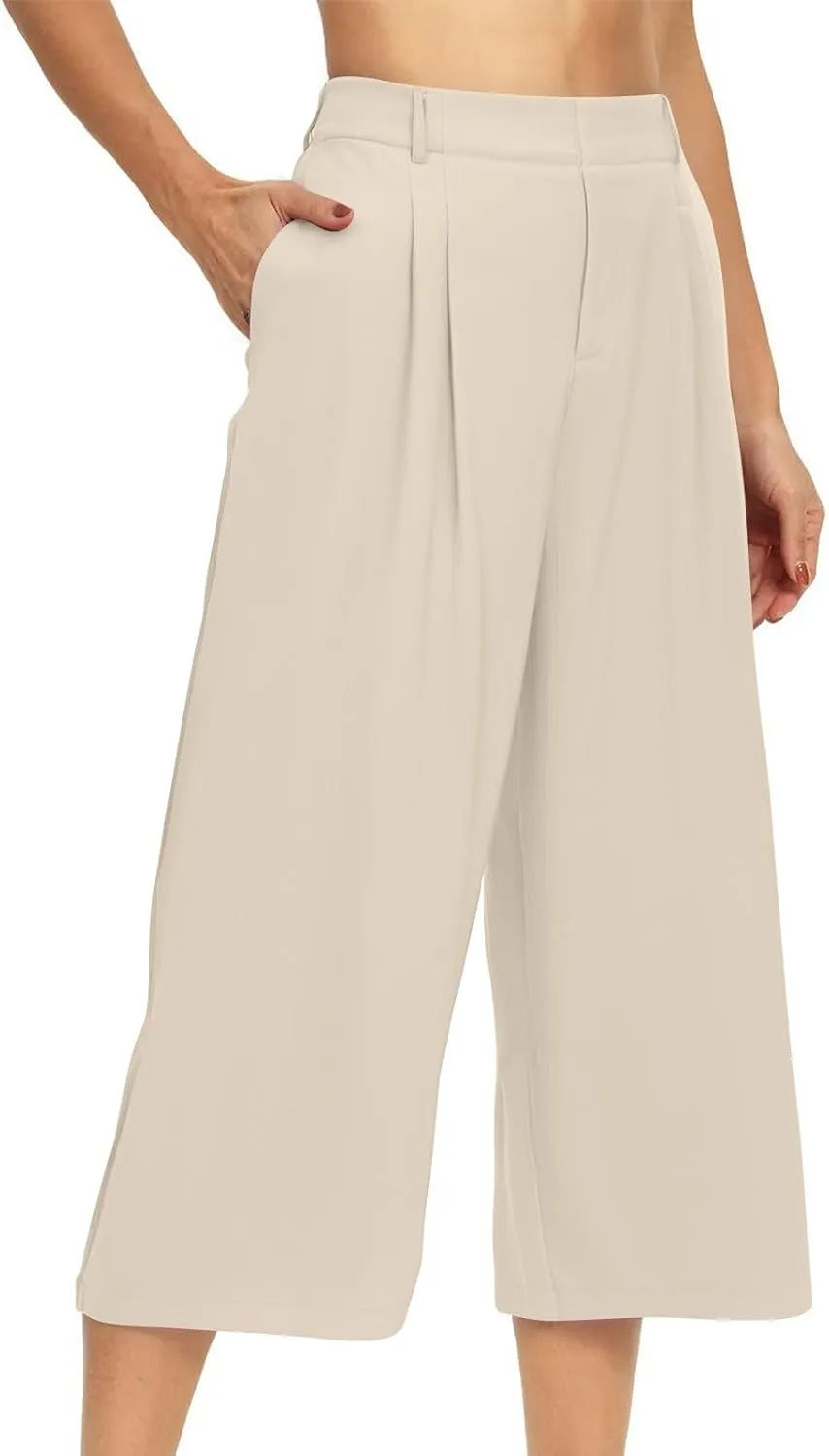 LEMONONSTORE Capri Pants for Women Pleated Wide Leg Ankle-Length Dressy Work Pants with Pockets High-Waist Loose Trousers