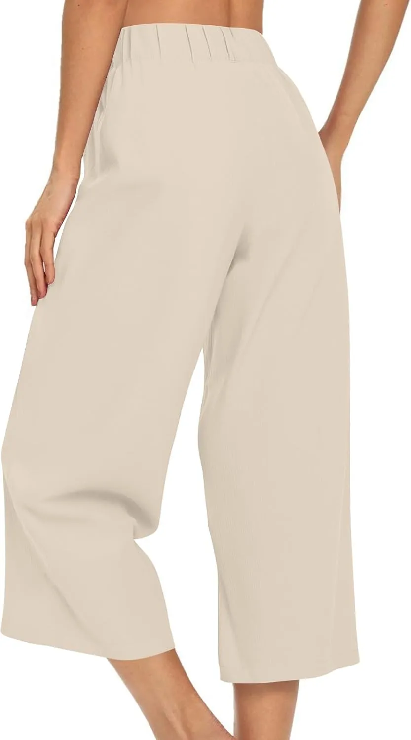 LEMONONSTORE Capri Pants for Women Pleated Wide Leg Ankle-Length Dressy Work Pants with Pockets High-Waist Loose Trousers