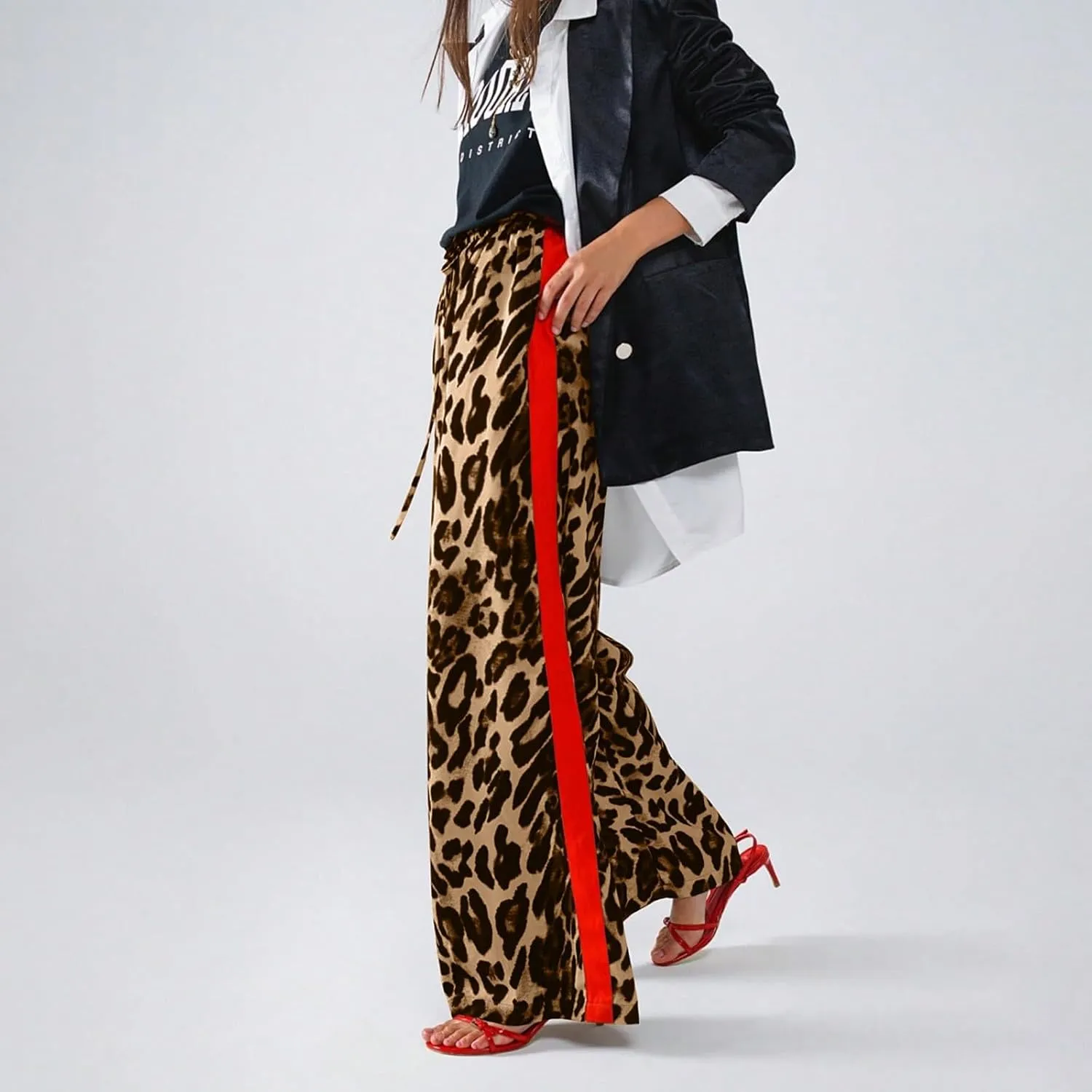 Leopard Print Pants for Women Drawstring High Waisted Color Block Side Striped Straight Leg Wide Leg Loose Pants