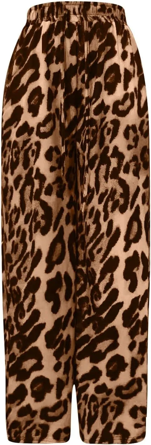 Leopard Print Pants for Women Drawstring High Waisted Color Block Side Striped Straight Leg Wide Leg Loose Pants