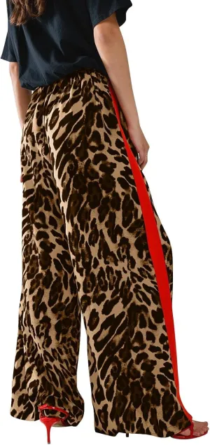 Leopard Print Pants for Women Drawstring High Waisted Color Block Side Striped Straight Leg Wide Leg Loose Pants
