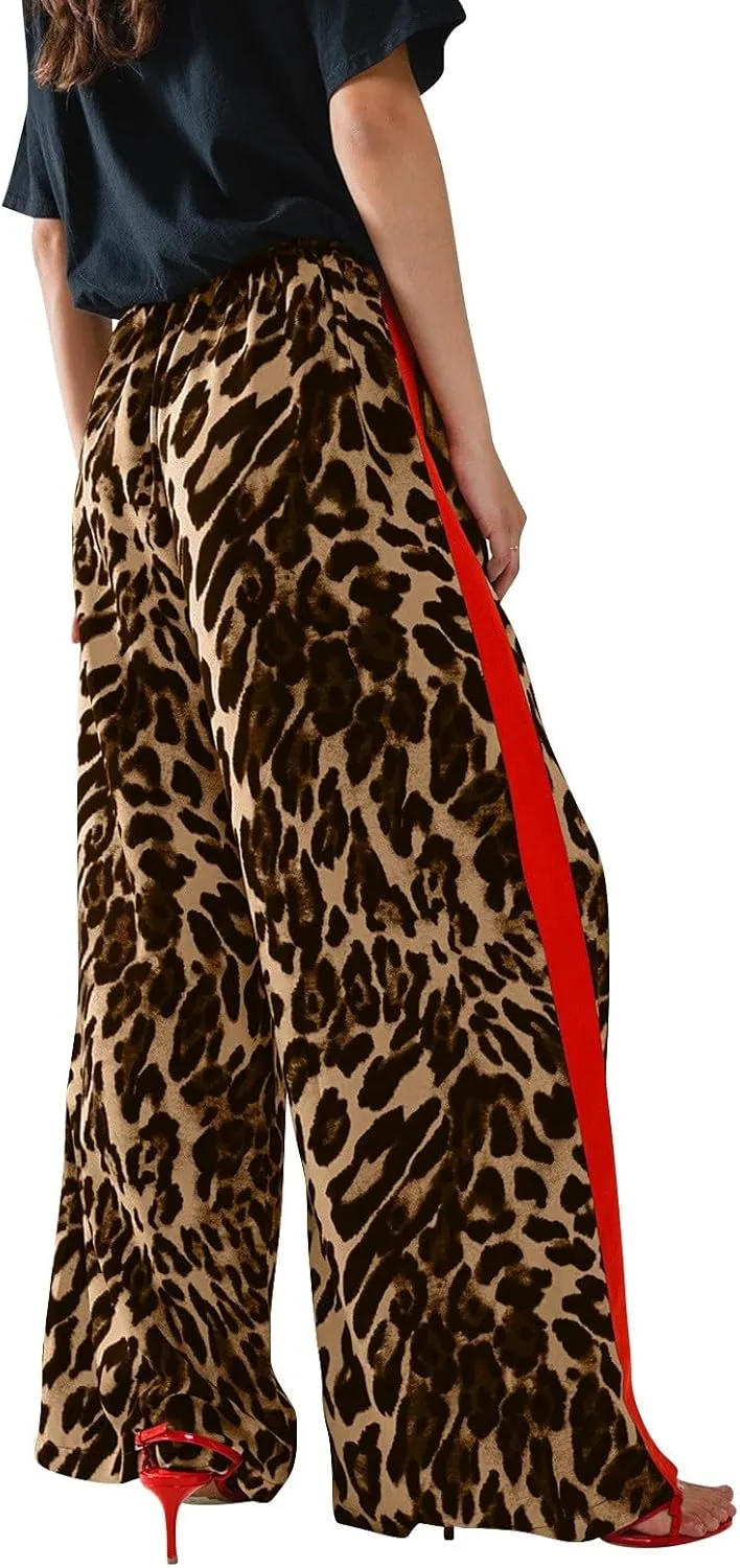 Leopard Print Pants for Women Drawstring High Waisted Color Block Side Striped Straight Leg Wide Leg Loose Pants