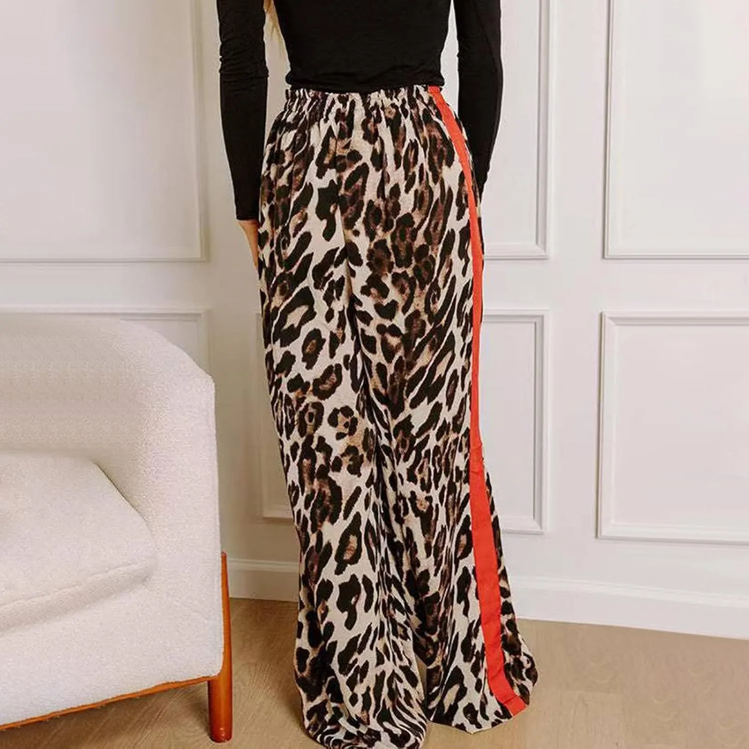 Leopard Print Pants for Women Drawstring High Waisted Color Block Side Striped Straight Leg Wide Leg Loose Pants