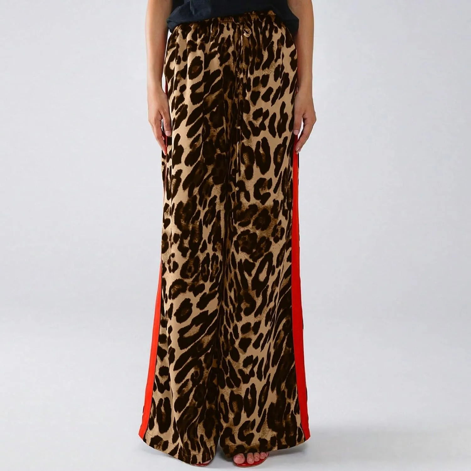 Leopard Print Pants for Women Drawstring High Waisted Color Block Side Striped Straight Leg Wide Leg Loose Pants