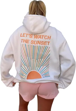 Lets Watch The Sunset Hoodie Y2k Graphic Oversized SweatshirtsSummer Beach Hoodie With Saying Preppy Tops Clothes