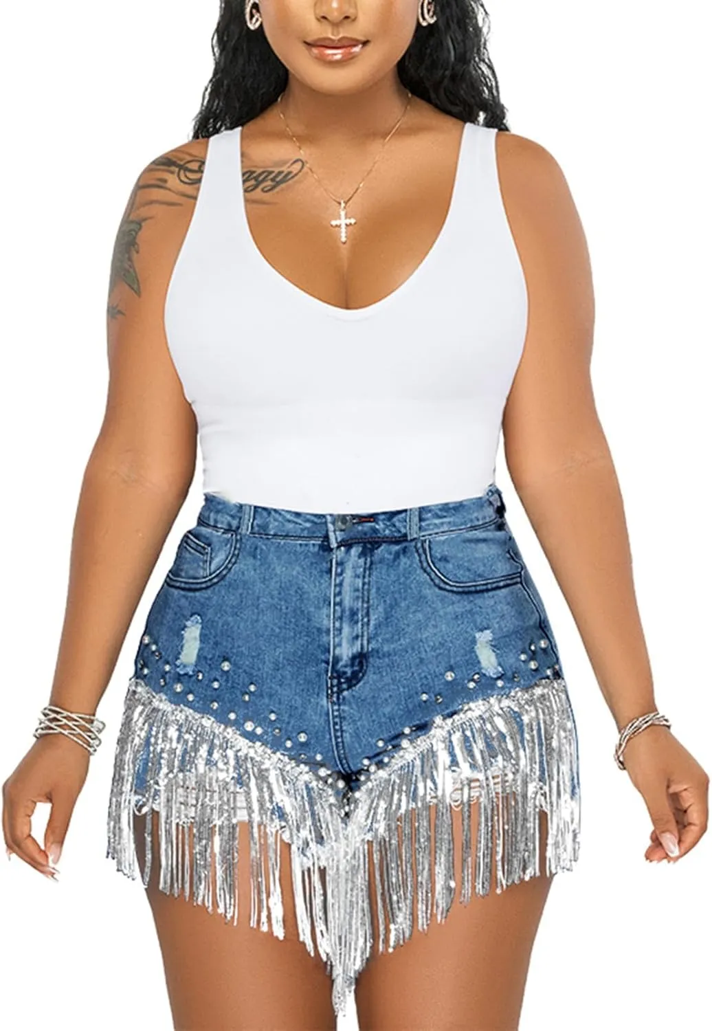 LifeShe Women Denim Short Rhinestone Pearl Beaded Fringe Tassel Jean Short