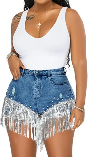 LifeShe Women Denim Short Rhinestone Pearl Beaded Fringe Tassel Jean Short