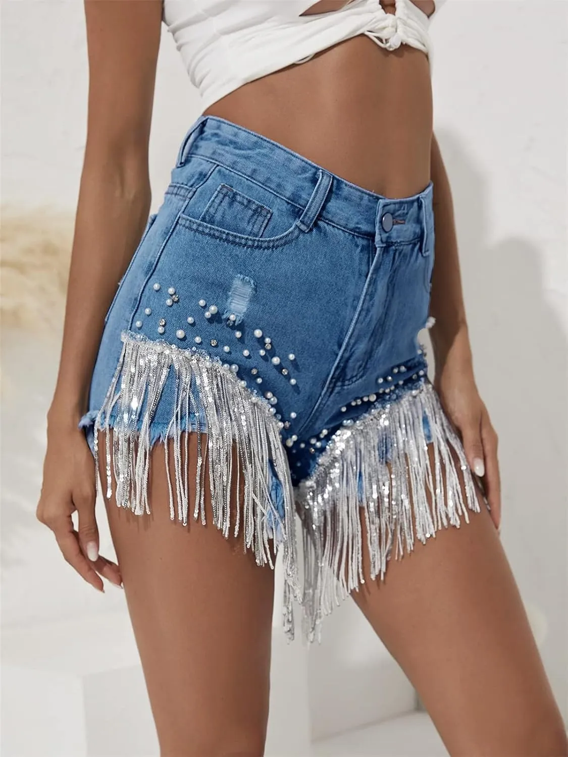 LifeShe Women Denim Short Rhinestone Pearl Beaded Fringe Tassel Jean Short