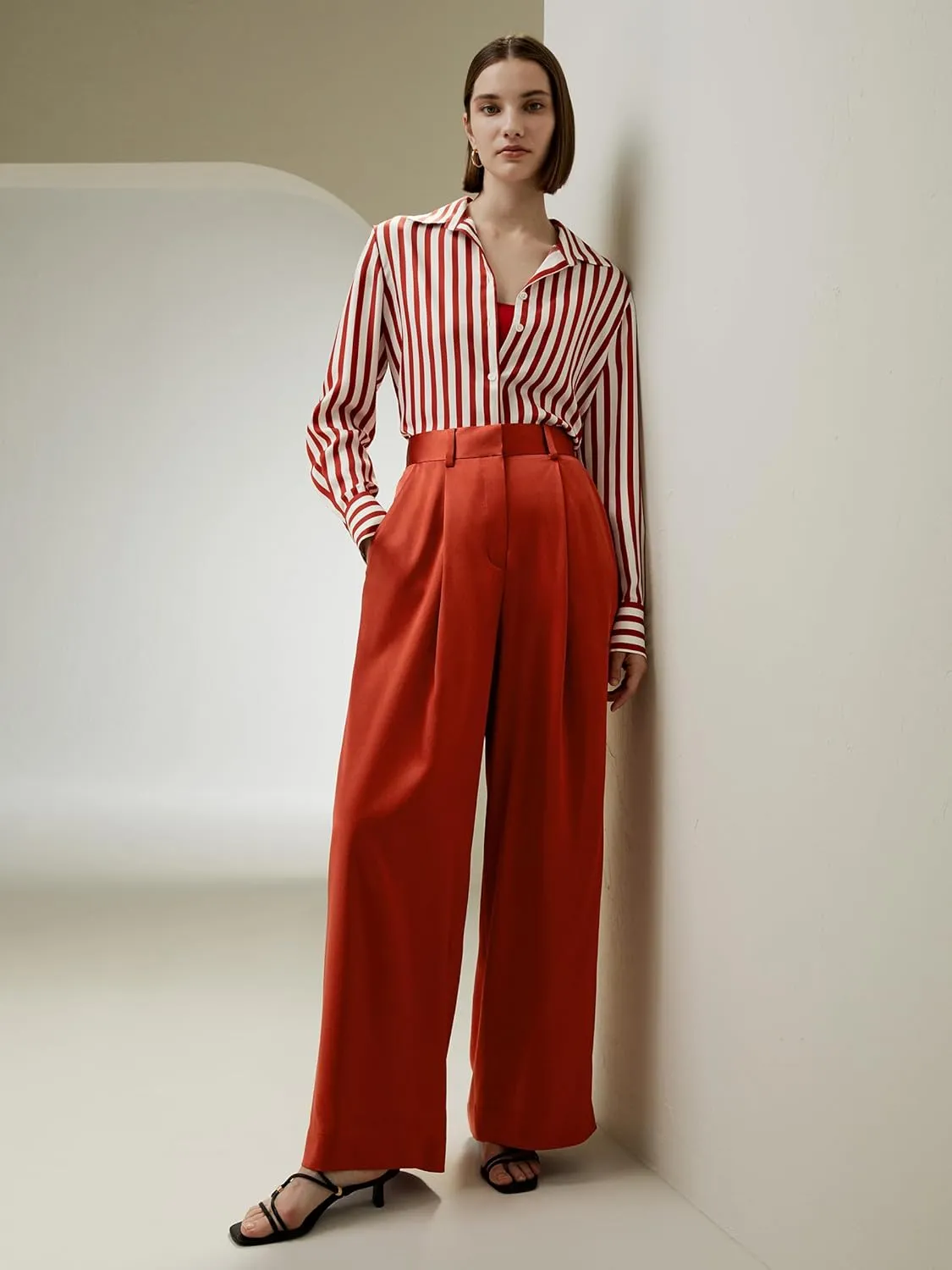 LilySilk 30 Momme 100% Mulberry Silk Pants for Women Staight High Waist Wide Leg Trousers for Business