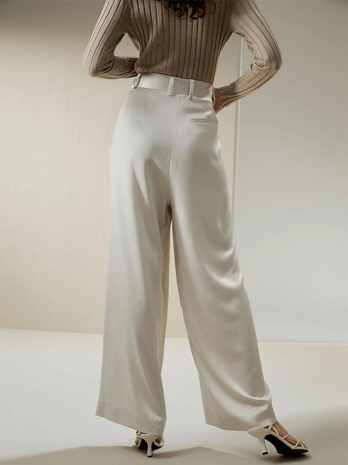 LilySilk 30 Momme 100% Mulberry Silk Pants for Women Staight High Waist Wide Leg Trousers for Business