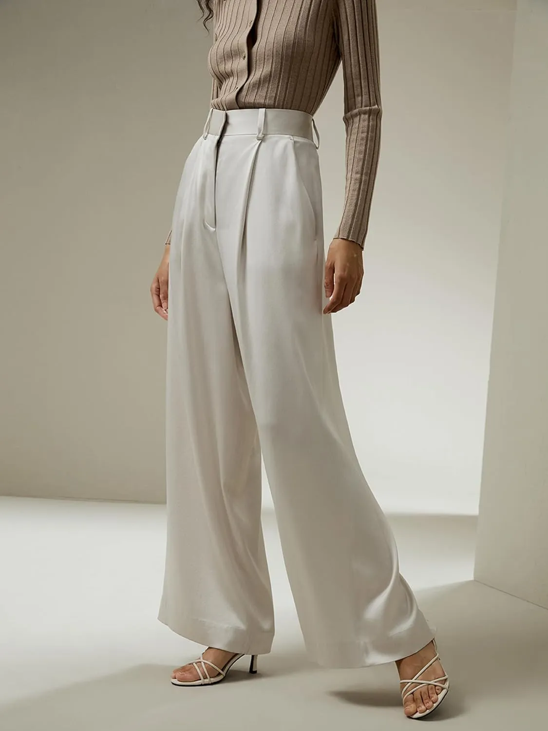 LilySilk 30 Momme 100% Mulberry Silk Pants for Women Staight High Waist Wide Leg Trousers for Business