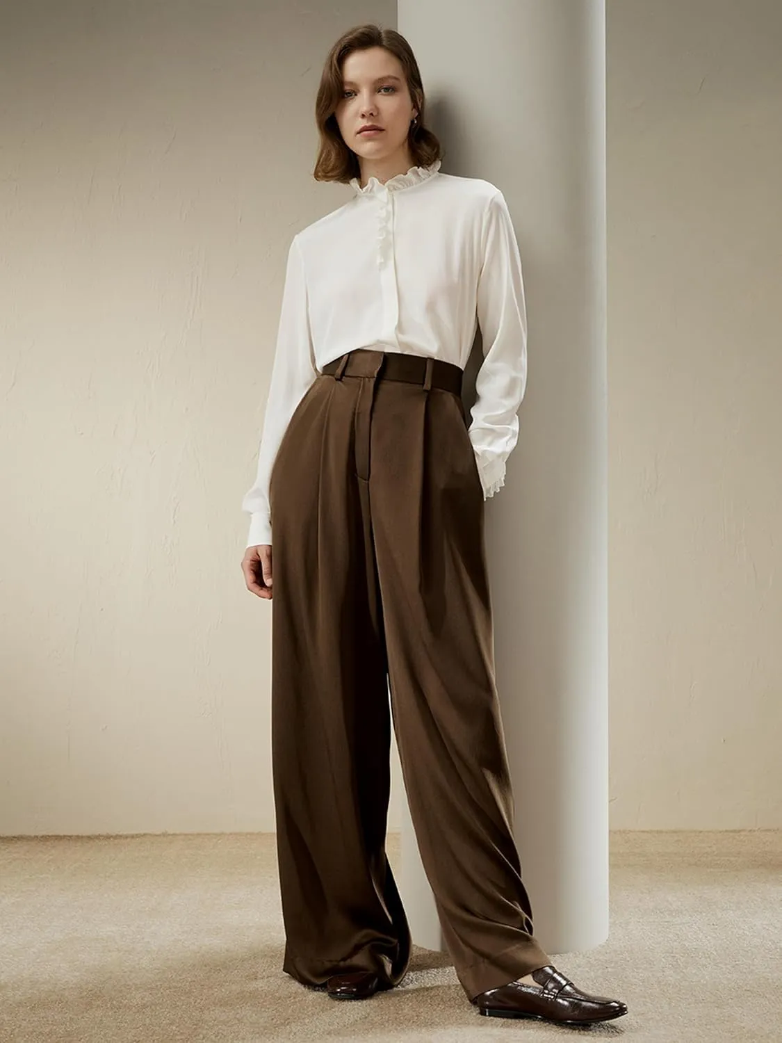 LilySilk 30 Momme 100% Mulberry Silk Pants for Women Staight High Waist Wide Leg Trousers for Business