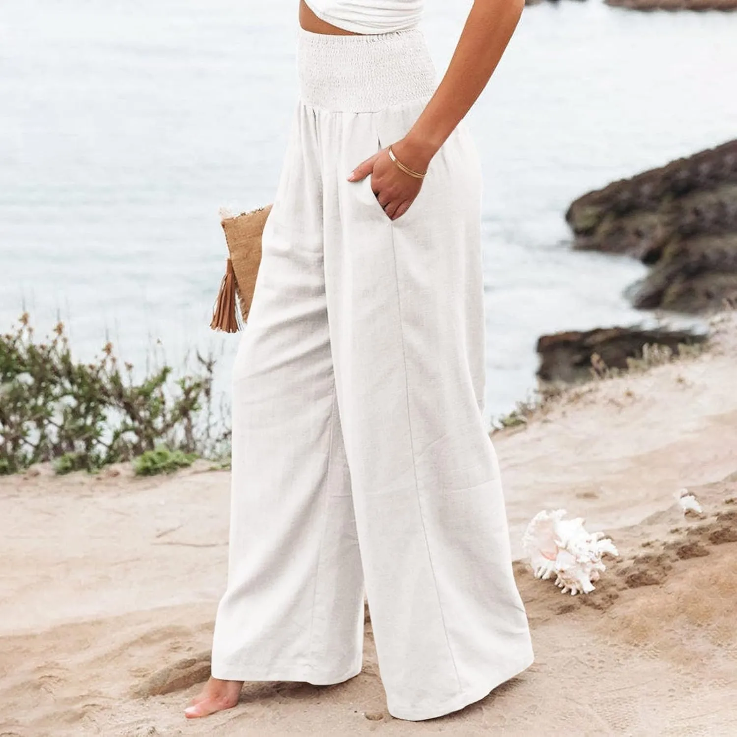 Linen Palazzo Pants Women Summer Boho Wide Leg High Waist Lounge Pant 2025 Casual Beach Vacation Outfits
