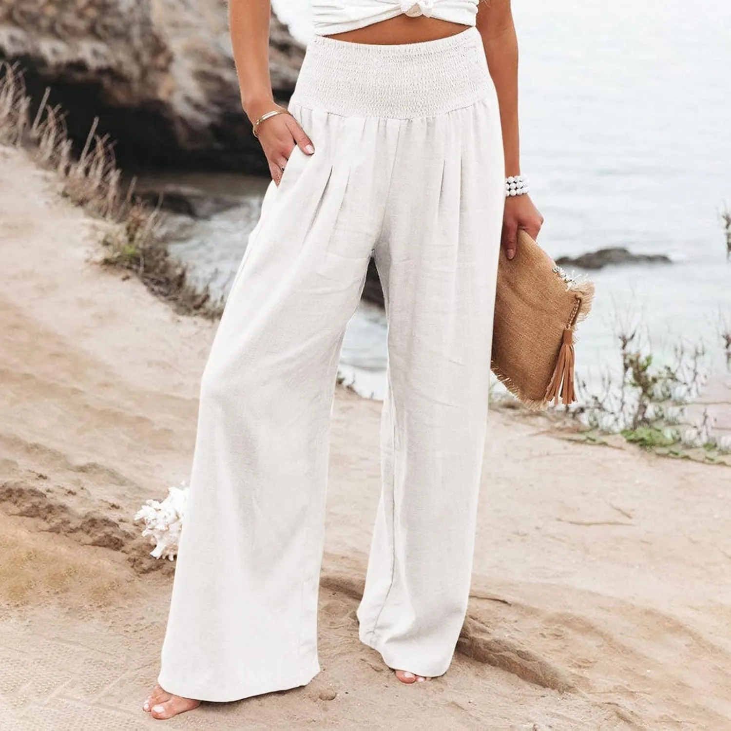 Linen Palazzo Pants Women Summer Boho Wide Leg High Waist Lounge Pant 2025 Casual Beach Vacation Outfits