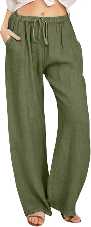 Linen Pants for Women High Waisted Pant Summer Lightweight Cotton Pants Beach Flowy Drawstring Trousers with Pocket