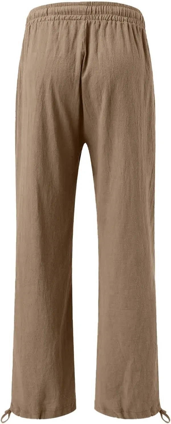 Linen Pants Women Summer Wide Leg Drawstring Elastic Waist Pant High Waisted Palazzo Pants Casual Beach Trousers