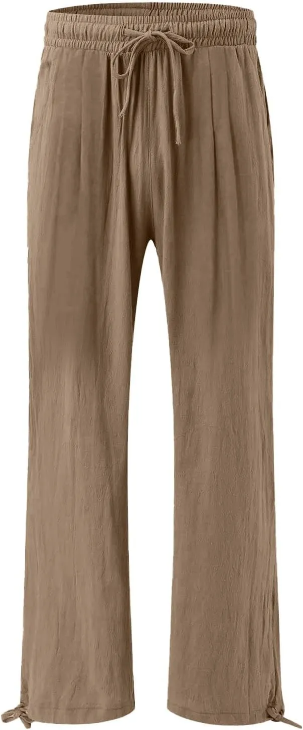Linen Pants Women Summer Wide Leg Drawstring Elastic Waist Pant High Waisted Palazzo Pants Casual Beach Trousers