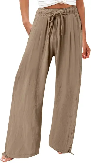 Linen Pants Women Summer Wide Leg Drawstring Elastic Waist Pant High Waisted Palazzo Pants Casual Beach Trousers
