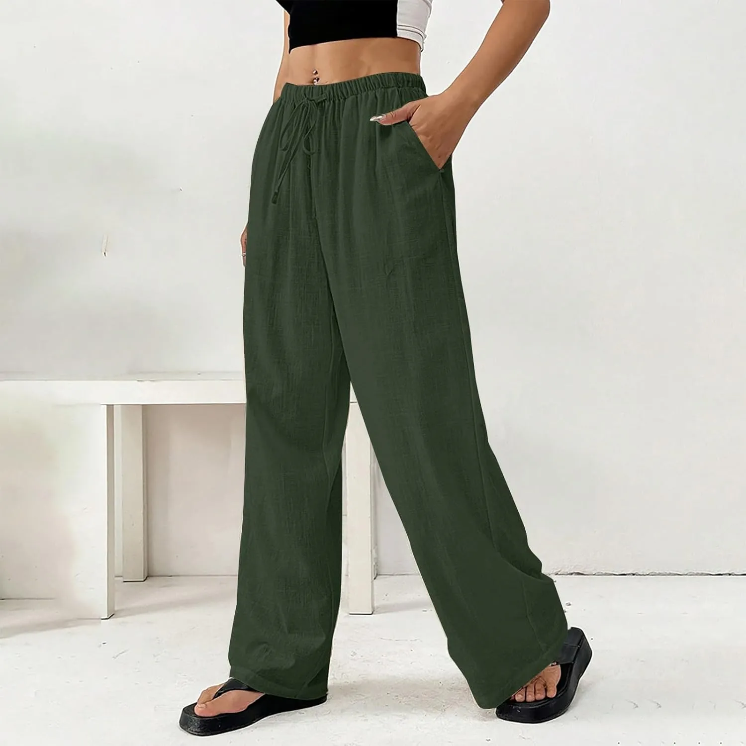 Linen Pants Women Summer Wide Leg High Waist Lounge Pant Plus Size Loose Casual Drawstring Beach Trousers with Pockets