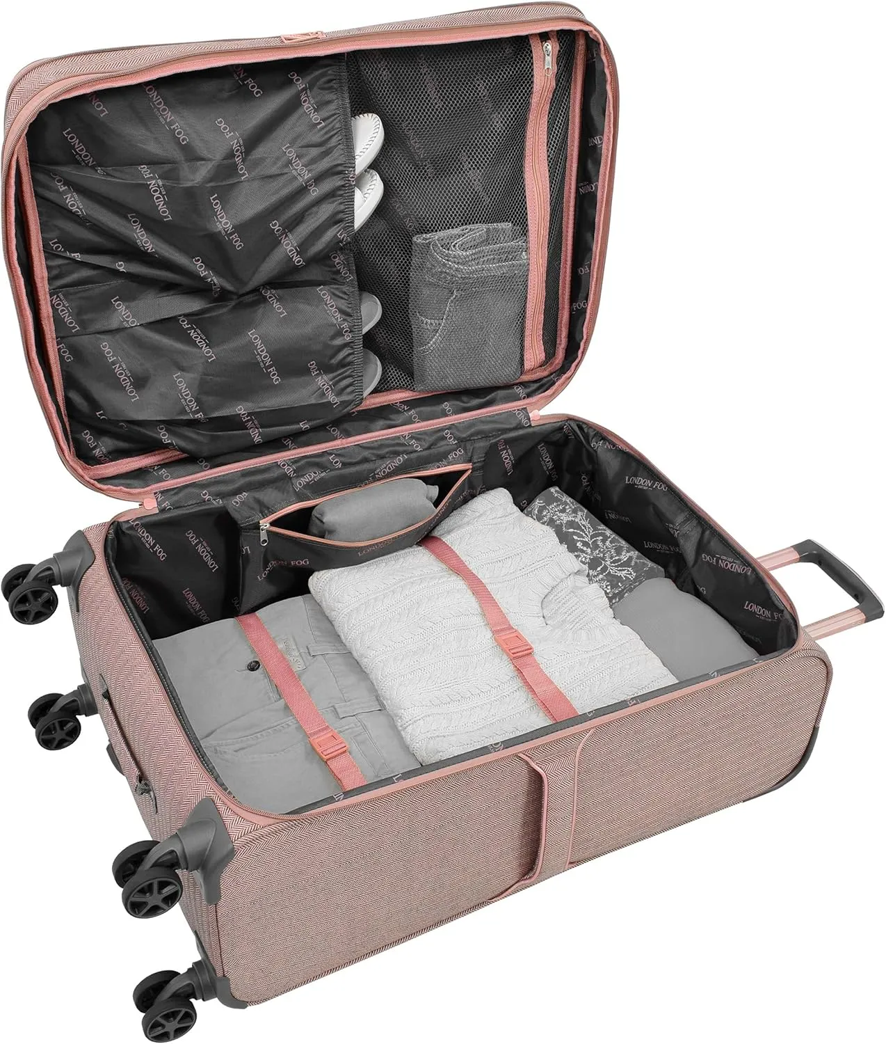 LONDON FOG Newcastle Softside Expandable Spinner Luggage, Rose Charcoal Herringbone, Checked-Medium 24-Inch