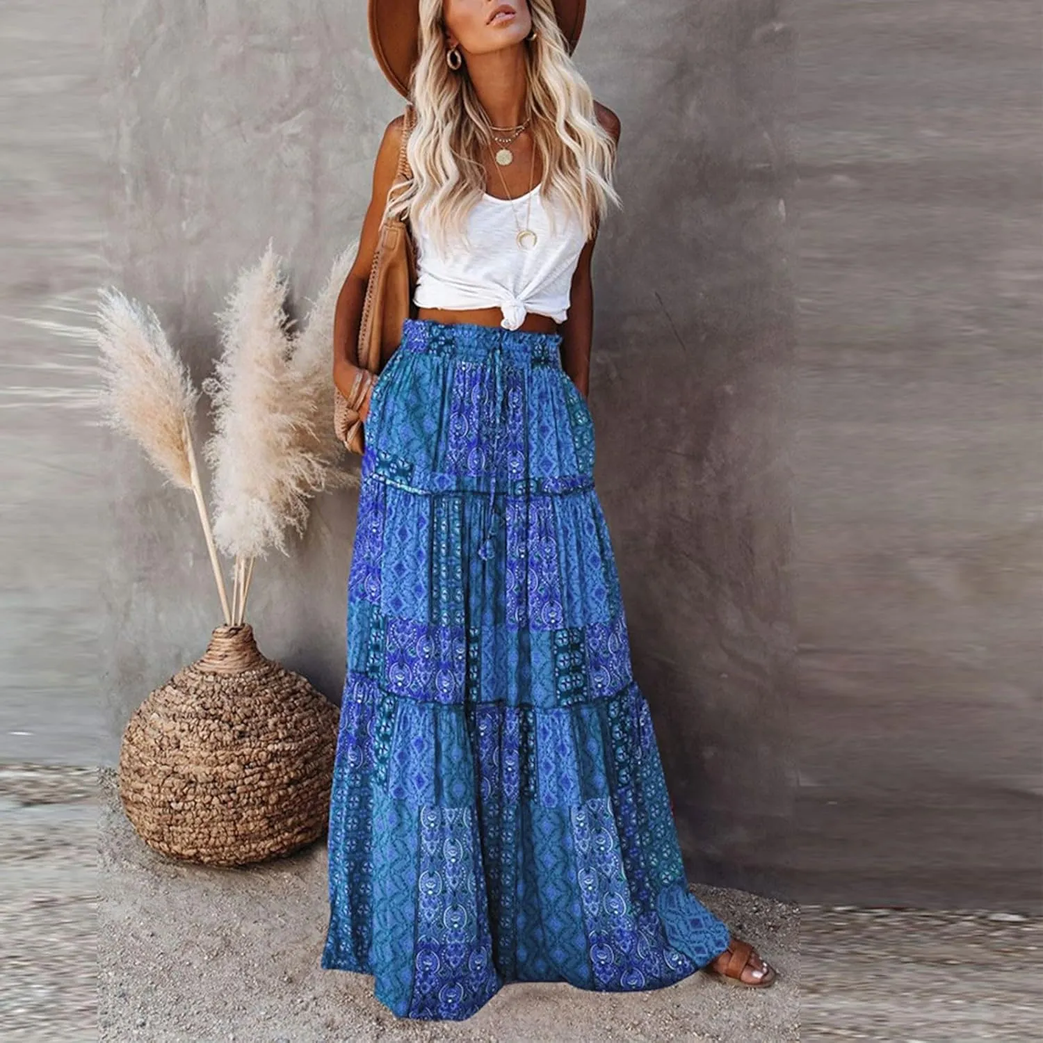 Long Skirts for Women Boho Summer High Waisted Casual A Line Skirt Trendy Pleated Beach Flowy Maxi Skirt with Pockets