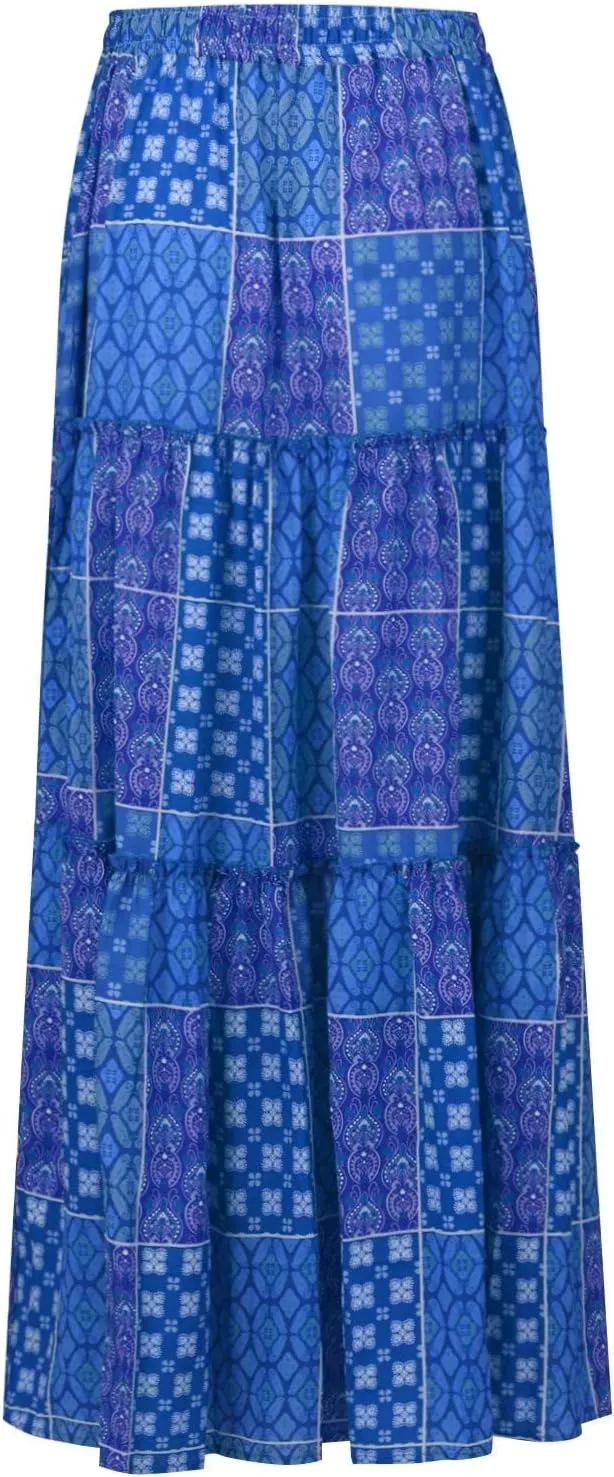 Long Skirts for Women Boho Summer High Waisted Casual A Line Skirt Trendy Pleated Beach Flowy Maxi Skirt with Pockets