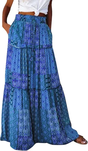 Long Skirts for Women Boho Summer High Waisted Casual A Line Skirt Trendy Pleated Beach Flowy Maxi Skirt with Pockets