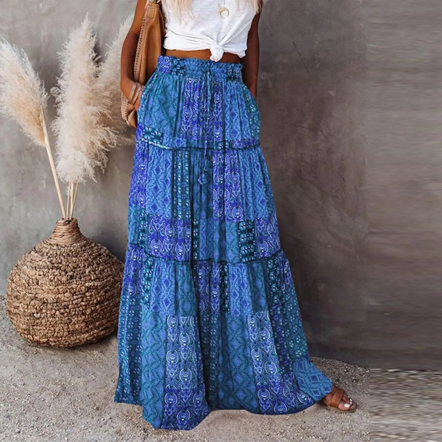 Long Skirts for Women Boho Summer High Waisted Casual A Line Skirt Trendy Pleated Beach Flowy Maxi Skirt with Pockets