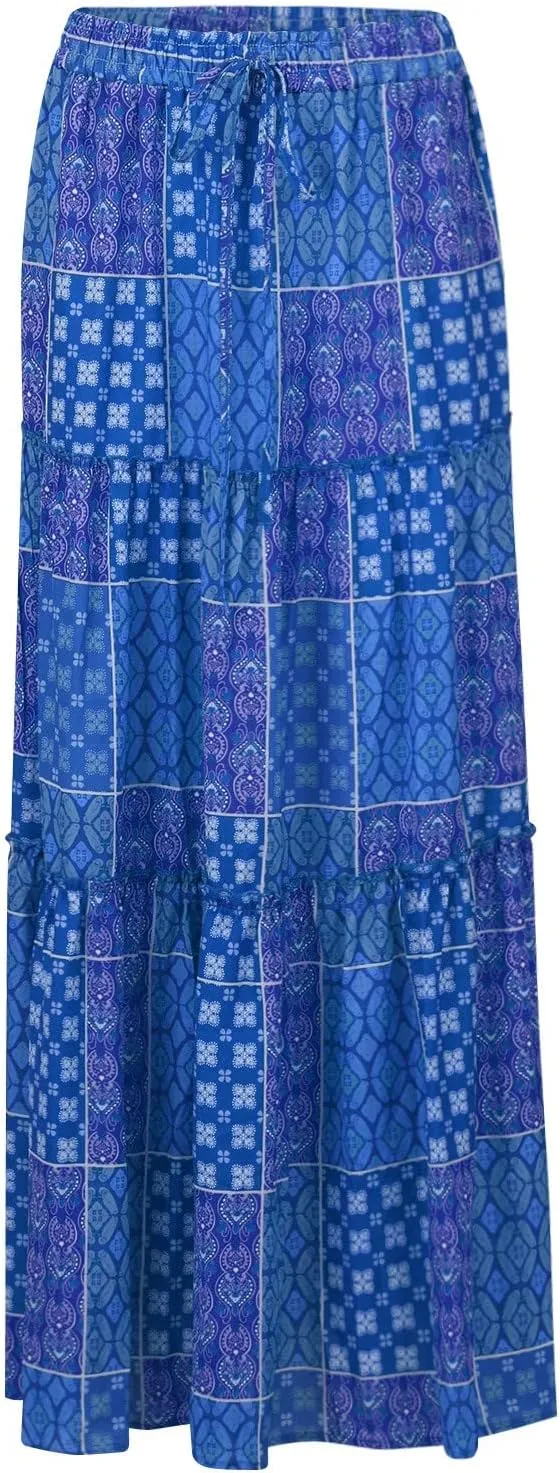 Long Skirts for Women Boho Summer High Waisted Casual A Line Skirt Trendy Pleated Beach Flowy Maxi Skirt with Pockets