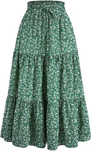 Long Skirts for Women Floral Drawstring Boho Tiered Maxi Skirt Beach A Line Midi Skirt Summer Bohemian Skirts