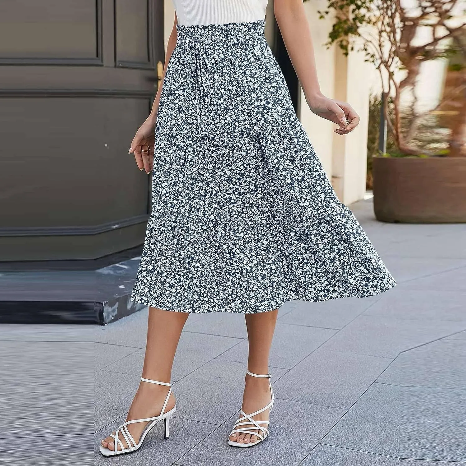 Long Skirts for Women Floral Drawstring Boho Tiered Maxi Skirt Beach A Line Midi Skirt Summer Bohemian Skirts